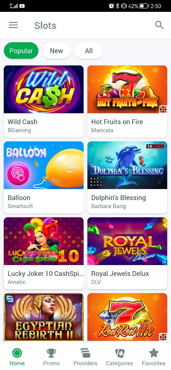Linebet app casino section.