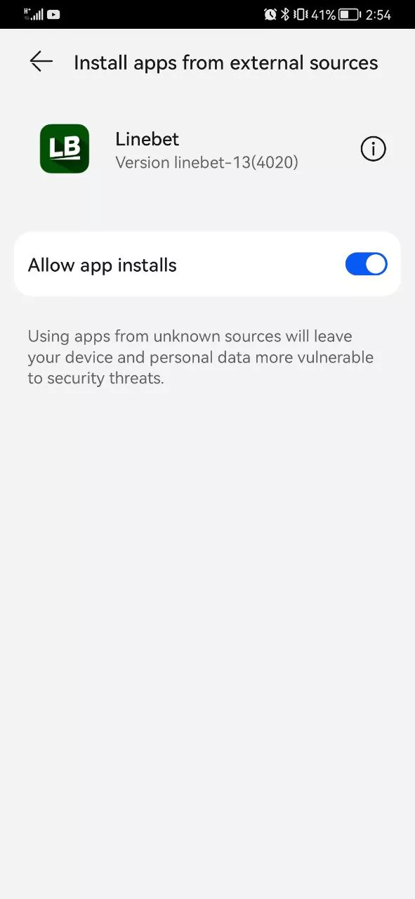 During the installation of Linebet application, you need to allow installation from Unknown Sources in the device settings.