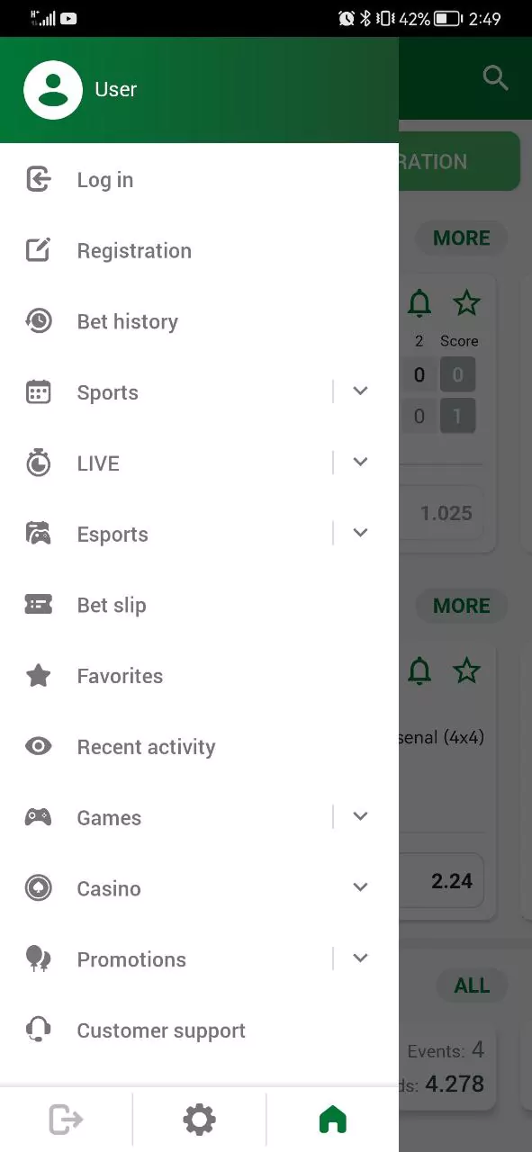 Linebet app main menu.