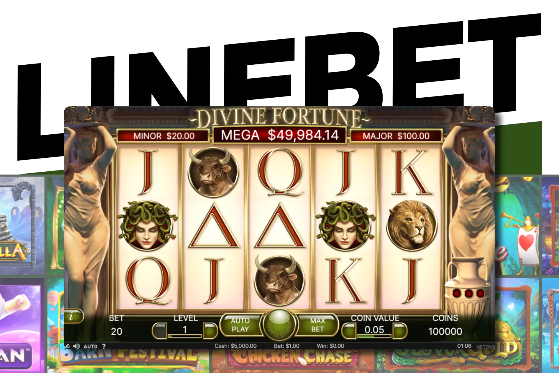 In Linebet you can play different slot machines, try Divine Fortune, it's an exciting game.